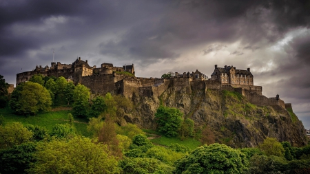 superb castle on top of a hill - hill, trees, castle, overcast