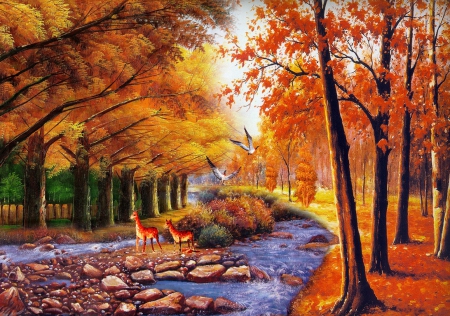 Autumn park - calm, quiet, creek, stream, leaves, shore, golden, nice, art, falling, trees, beautiful, roe, colors, lovely, stones, fall, colorful, river, nature, deer, autumn, painting, serenity, foliage, animals