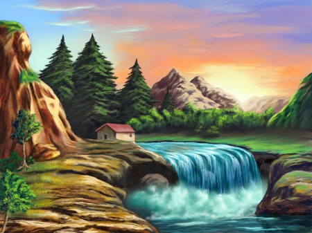 Small house on riverbank - summer, cabin, shore, riverbank, nice, art, cottage, sky, clouds, house, trees, beautiful, small, lovely, river, waterfall, painting, rocks