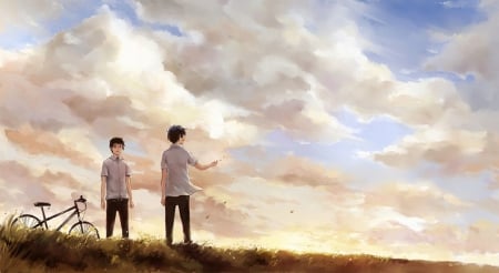 Ao No Exorcist - male, yukio okumura, sky, brothers, air, ao no exorcist, sunset, blue exorcist, bicycle, rin okumura, clouds, boys