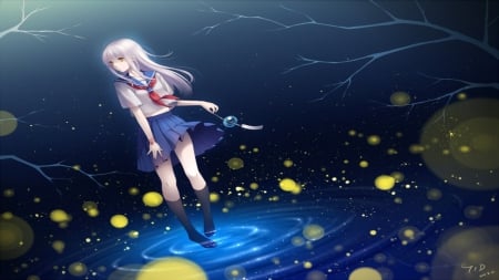 In the Dark - fireflies, pretty, water, beauty, beautiful, sweet, dark, yellow, anime, girl, night, blue, long hair, light, lovely, uniform