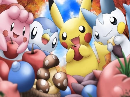 Pokemon - sky, trees, magic, pokemon, clouds, anime, animal, food, cute