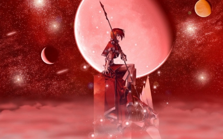 Red - moon, sky, stars, girl, red, anime, weapon, short hair