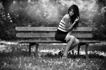 Last Goodbye - woman, bench, brunette, model