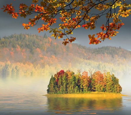 Island - nature, lakes, autumn, fall, island, mountains