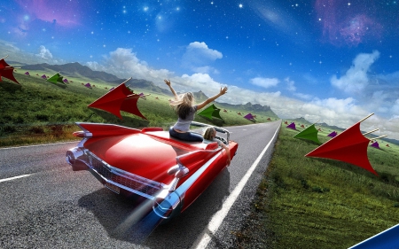 Fantasy Road - red, fantasy, car, people