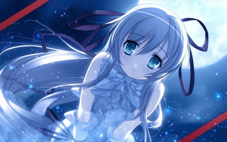 Al Azif - anime, magic, female, dress, Demonbane, night, green eyes, long hair, stars, pink hair, sky, ribbons, moon, anime girl, beautiful, beauty, white dress, cute, Al Azif