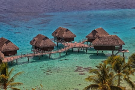 Scenic Bora Bora Lagoon - beach, paradise, water, polynesia, bora bora, lagoon, bungalow, ocean, palm trees, islands, tropical, exotic, luxury, blue, villas, island, sea, tahiti