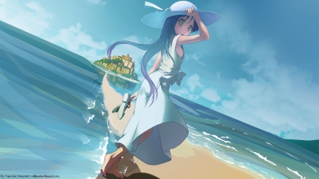 Izumi Kanata - anime, female, beach, long hair, blue hair, sky, way, blue eyes, women, clouds, hat, lucky star, girl, sea, city, white dress, izumi kanata