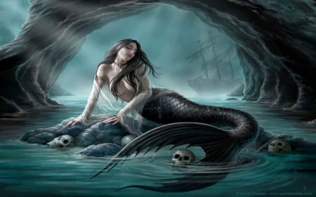 On the dark side - cave, skulls, fantasy, mermaid, sea