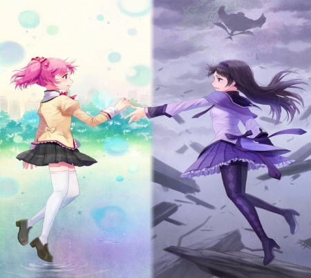 Madoka & Homura - shoujo, dark, anime, mahou, friends, school uniforum, madoka