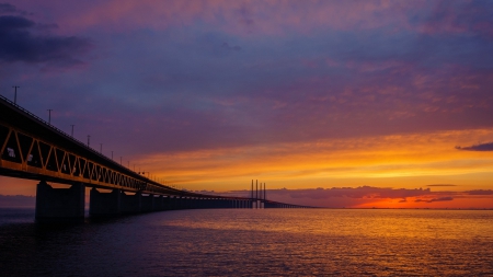 gorgeous sunset sky over a mighty bridge - clouds, sunset, straights, sky, bridge