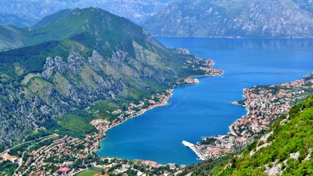 view of kotor bay in montenegro - bay, town, mountains, view