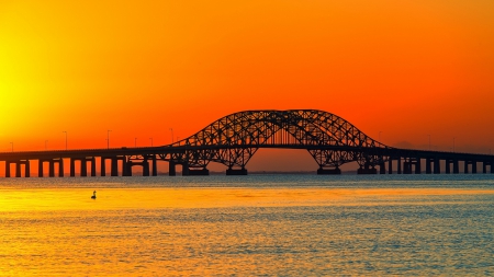 wonderful arched bridge in a colorful bay - sunset, swan, arch, colors, bridge, bay