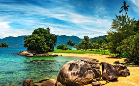 Tioman Island - beaches, sky, tioman, sun, tropical islands, water, mountains, clouds, green, sand, shrubs, stone, ocean, palm trees, landscape, tioman islands, tropical, pulau tioman, wave, nature, blue, tide, malaysia, island