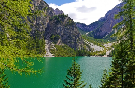 Lake Braies - nice, trees, greenery, calm, quiet, reflection, emerald, green, cliffs, braies, lake, mountain, hills, lovely, serenity, nature, tranquil, beautiful