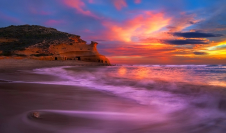 Sky colors - nice, sands, ocean, beach, sky, colorful, shore, sunset, lovely, rocks, waves, nature, amazing, beautiful, colors, sea