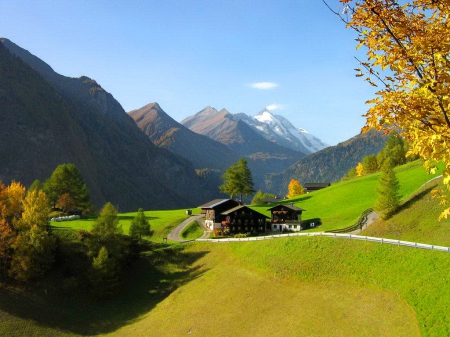 Early autumn - meadow, leaves, mountain, view, field, nice, early, sky, falling, house, trees, beautiful, lovely, valley, village, fall, nature, autumn, cottages, foliage