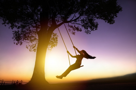 Happiness - sky, silhouette, girl, sunlight, swing, tree, sunset, happy