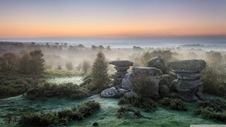 Autumn frost - landscape, scene, forest, filed, mist, frost, sky, fog, HD, stones, tree, fall, nature, autumn, pine, cold, mountains, wallpaper