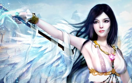 Fantasy girl - yelow, wing, girl, feather, beauty, angel, pink, fantasy, white, ruoxing zhang, brunette