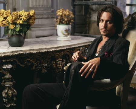 Johnny Depp - male, yellow, man, actor, johnny depp, black, flower