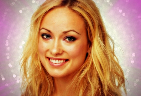 Olivia Wilde - beauty, actress, white, glitter, pink, by cehenot, smile, olivia wilde, blonde