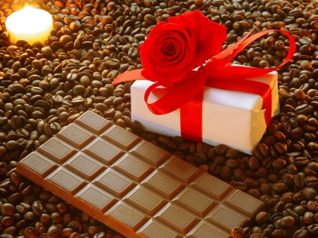 Coffee's grains - choccolate, grains, red rose, coffee, candle, love, red, ribbon, box, gift