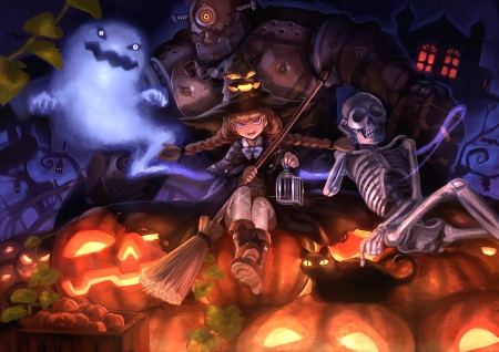 Halloween Night - witch, ghost, windows, pumpkin, light, night, skeleton, lights