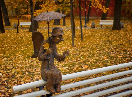 Angel In The Park - autumn, statue, trees, angel, park, bench, book, benches, fall, umbrella, leaves