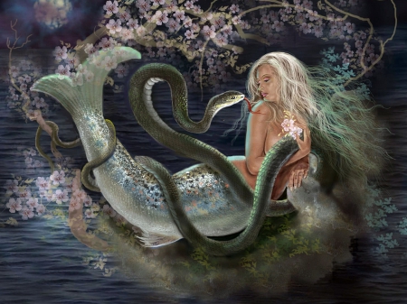 Mermaid - woman, girl, bloom, water, fantasy, spring, pink, snake, mermaid, animal, green, sea, flower