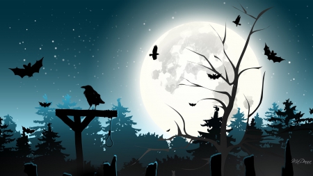 Creepy Halloween Night - halloween, all hallows eve, sky, gallows, graves, ravens, bats, full moon, hangmans rope, trees, strars