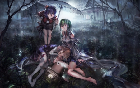 Rainy day - anime, moriya suwako, kochiya sanae, manga, umbrella, touhou, yasaka kanako, rain, three girls, trio, raining