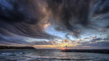 storm clouds passing over a seawall - stone wall, clouds, sea, waves, storm