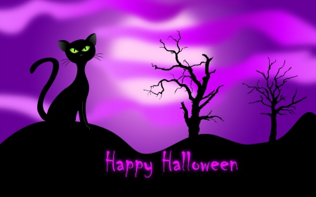 Happy Halloween - purple, fall, black, black cat, cat, halloween, trees, autumn