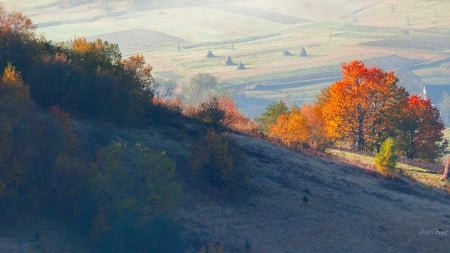 Down in the Valley - mountains, fall, valley, crops, country, season, farm, sky, fields, trees, autumn