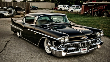 classic black cadillac - black, yard, car, vintage