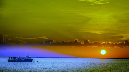 fantastic sunset over a colorful sea - clouds, boat, sunset, sea, colors