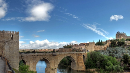 fortress bridge to a cathedral in spain - cathedral, hill, river, town, fortress, sky, bridge