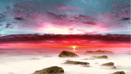 marvelous colored sunset hdr - clouds, hdr, shore, sunset, colors, sea, rocks