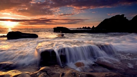 Sunset Promise - view, beach, ocean, sunset, rocks