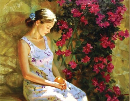 ♥♥ - flowers, lady, thinking, painting