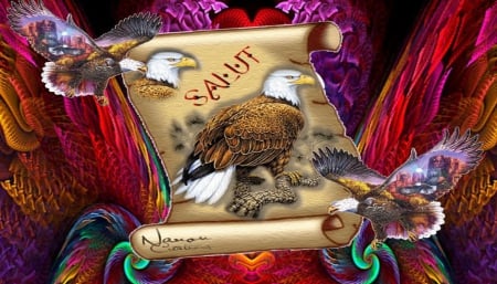 the eagle scroll - flying, colourful, scroll, eagles