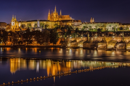 Prague at Night - river, ancient, lights, city, moldava, reflection, castle