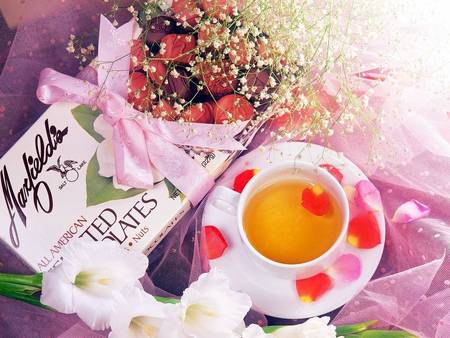 Tea and Chocolates - flowers, chocolates, saucer, tea cup