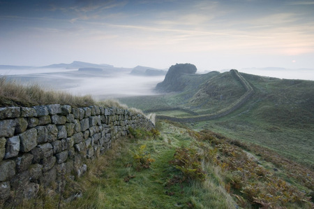 Hadrian's Wall - ancient, england, moor, mist, wild, wall, grass, frontier, rome