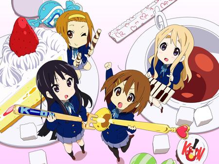 K-On! - tsumugi, chibi, mio, yui, k-on, anime, dessert, ritsu, snacks