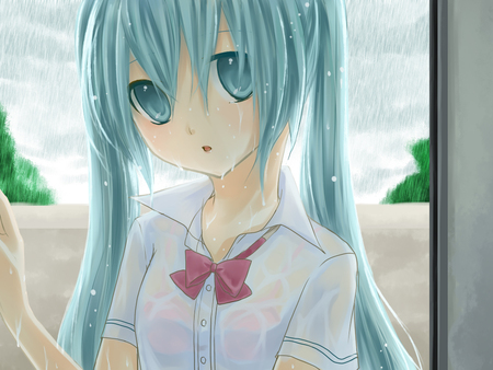 Dripping Wet - school uniform, vocaloid, blushing, anime, miku, school girl