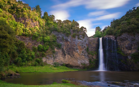 Hunua Falls - river, waterfalls, trees, nature, blue, falls, sky