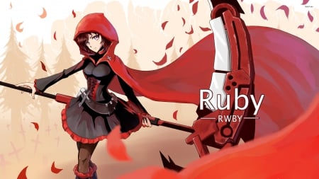 Ruby Rose - beauty, scythe, roses, female, ruby rose, magic, ruby, anime girl, red, anime, dress